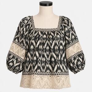 Christian Siriano New York Black Ivory Ikat Peasant Blouse XS Linen Crochet Trim